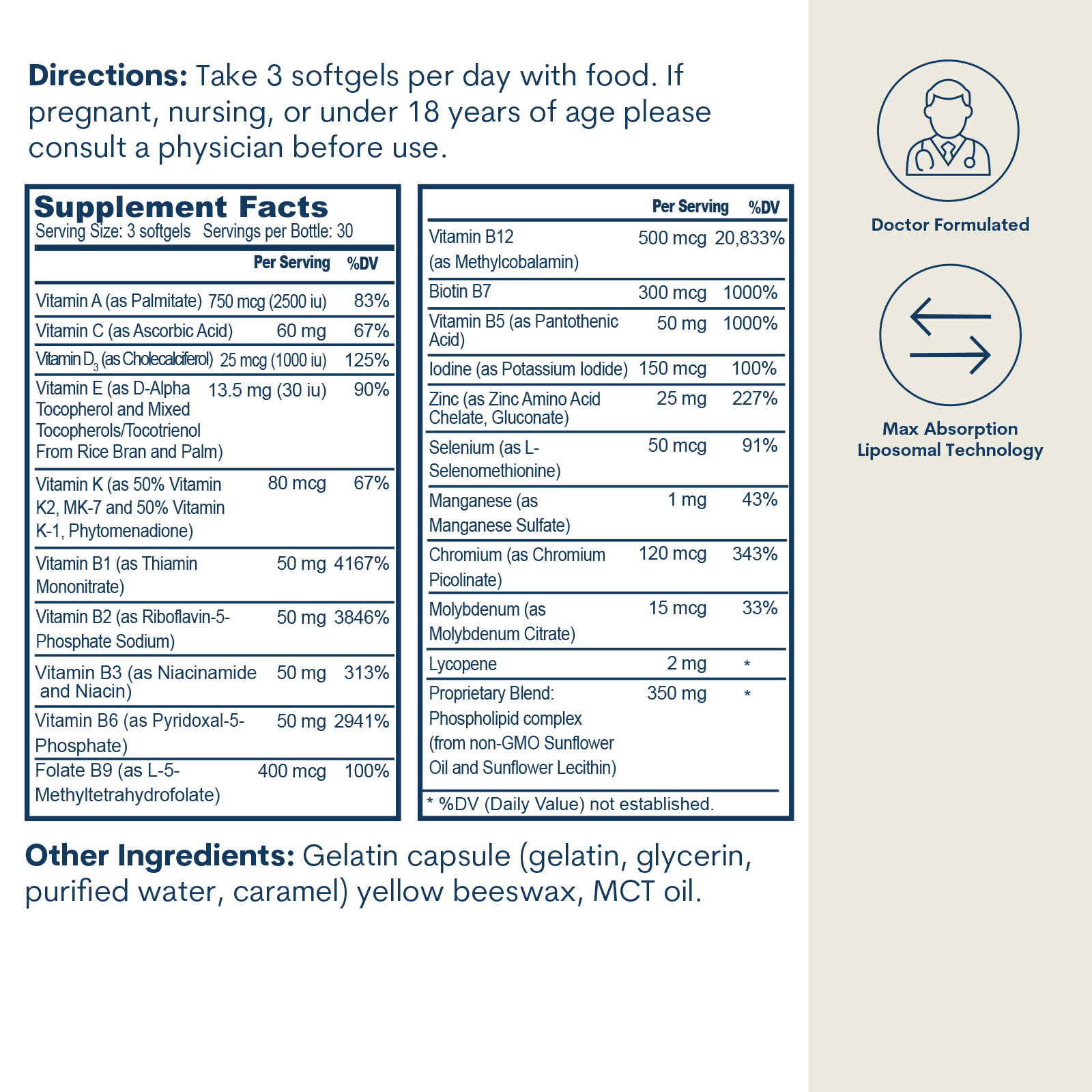 Liposomal Active B-Complex Multivitamin w/Minerals - Softgels (90 Count/ 30 Servings)