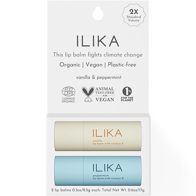 ILIKA 100% Natural Lip Balm - 2X Volume, Organic, COSMOS Certified Organic, PETA Certified, Plant-Based, Biodegradable Tube, 2 Pack - Unscented andVanilla & Peppermint - 0.3 oz each